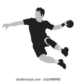 Handball player throwing the ball, silhouette off white background. Vector