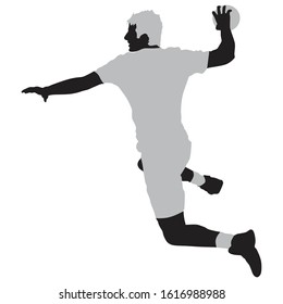 Handball player throwing the ball, silhouette off white background. Vector