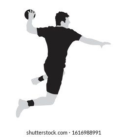 Handball player throwing the ball, silhouette off white background. Vector