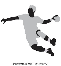 Handball player throwing the ball, silhouette off white background. Vector