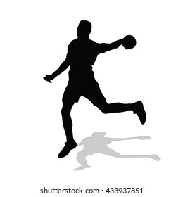 Handball player throws ball to goal. Vector silhouette of athlete with ball jumping.