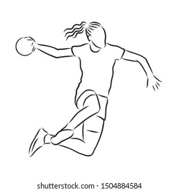 Handball player woman, contour vector illustration 