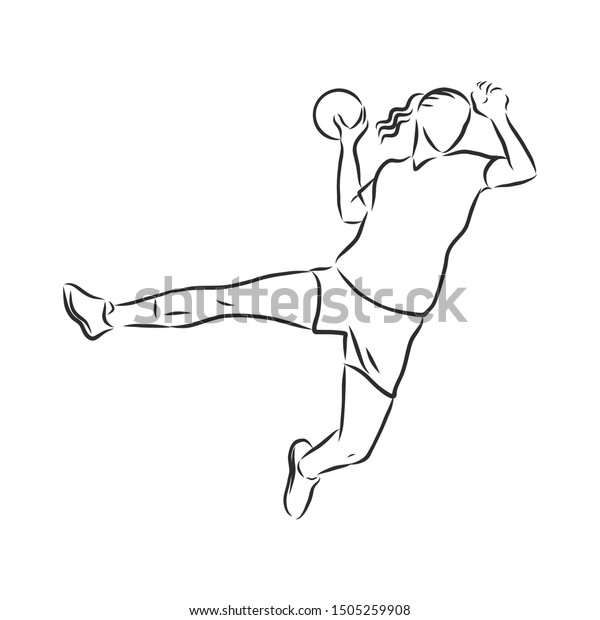 ハンドボールプレーヤーの女性のスケッチ 輪郭イラスト のベクター画像素材 ロイヤリティフリー