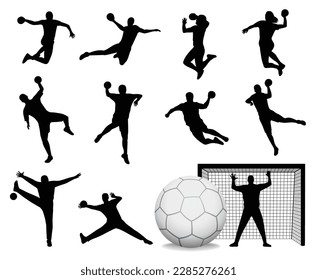 Balonmano jugadores silhouette hombres y mujeres - ataque cerrado en saltos, porteros, bolas e ilustración vectorial Goal