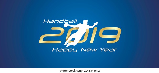 Handball silhouette 2019 Happy New Year gold white logo icon blue background