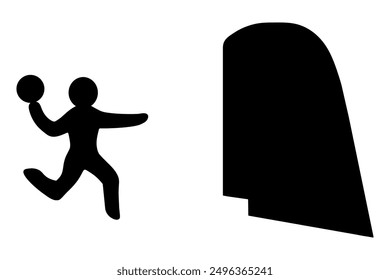 Handball. Silhouette. Vector illustration. An athlete aims a sword at the opponent's goal to score a goal. Team sports game with hands. Isolated whitedea for web design.