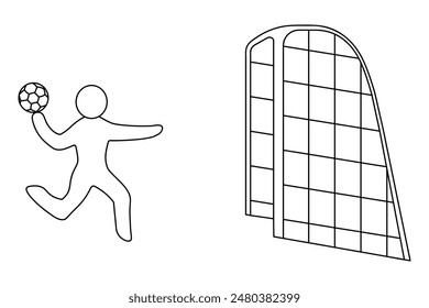 Handball. Sketch. Vector icon. An athlete aims a sword at the opponent's goal to score a goal. Team sports game with hands. Isolated white background. Coloring book. Doodle style. 