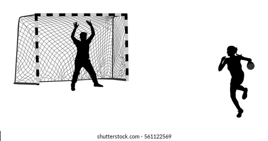 Handball (soccer) goalkeeper silhouette vector. Net isolated. Handball player. Attack shut penalty illustration. Elegant body sport figure shadow. Dynamic athlete woman handball player in action.