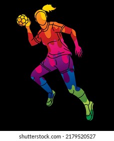 Handball Sport Female Player Action Cartoon Graphic Vector