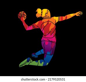 Handball Sport Female Player Action Cartoon Graphic Vector