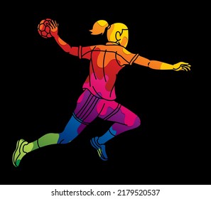 Handball Sport Female Player Action Cartoon Graphic Vector