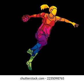 Handball Sport Female Player Action Cartoon Grafik-Vektorgrafik