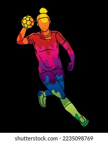 Handball Sport Female Player Action Cartoon Graphic Vector