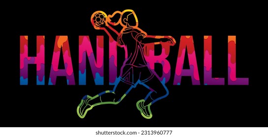 Handball Sport Female Player Action mit Text Cartoon Grafik-Vektorgrafik