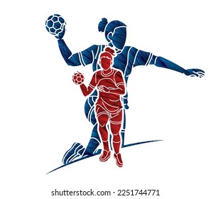 Handball Sport Weibliche Spieler Mix Action Cartoon Grafik-Vektorgrafik