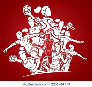 Handball Sport Female Players Mix Action Cartoon Graphic Vector