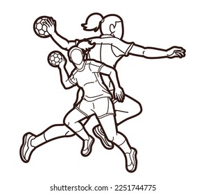 Handball Sport Female Players Mix Action Cartoon Graphic Vector