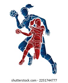 Handball Sport Female Players Mix Action Cartoon Graphic Vector