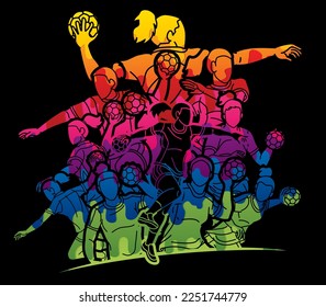 Handball Sport Female Players Mix Action Cartoon Graphic Vector