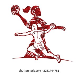 Handball Sport Female Players Mix Action Cartoon Graphic Vector