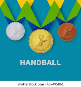 Handball sport icon on medal award set with Brazilian color theme designed of ribbon in vector illustration 