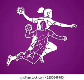 Handball Sport Male and Female Players Team Mix Action Cartoon Graphic Vector