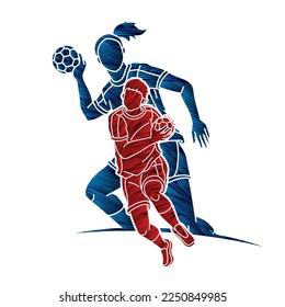 Handball Sport Male and Female Players Team Mix Action Cartoon Graphic Vector