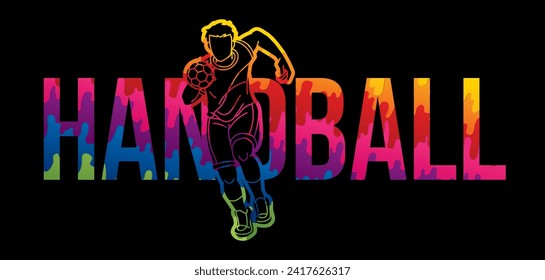 Juego de balonmano Deportes Masculino Acción de jugador masculino con vectores gráficos de dibujos de texto