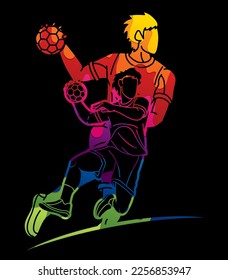 Handball Sport Male Players Mix Action Cartoon Graphic Vector