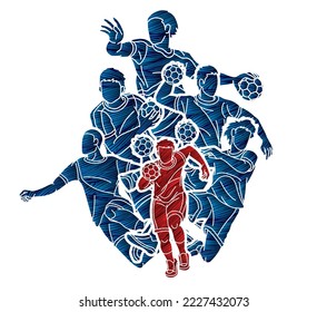 Handball Sport Male Players Team Men Mix Action Cartoon Graphic Vector