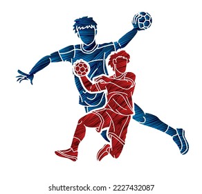 Handball Sport Male Players Team Men Mix Action Cartoon Graphic Vector