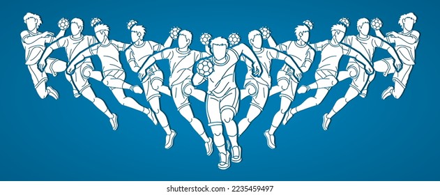 Handball Sport Male Players Team Men Mix Action Cartoon Graphic Vector