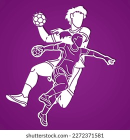 Handball Sport Team Männer und weibliche Spieler Mix Action Cartoon Grafik-Vektorgrafik