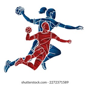 Handball Sport Team Male and Female Players Mix Action Cartoon Graphic Vector