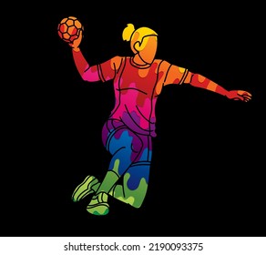 Handball Sport Woman Player Action Cartoon Graphic Vector