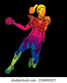 Handball Sport Woman Player Action Cartoon Graphic Vector