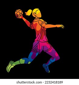 Handball Sport Woman Player Action Cartoon Graphic Vector