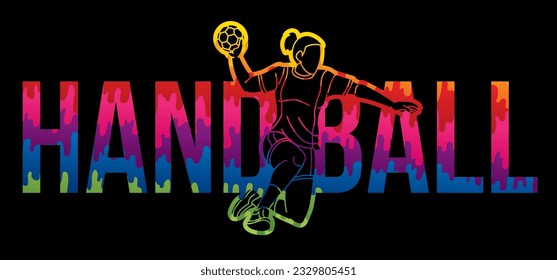 Handball Sport Woman Player Action mit Text Cartoon Grafik-Vektorgrafik