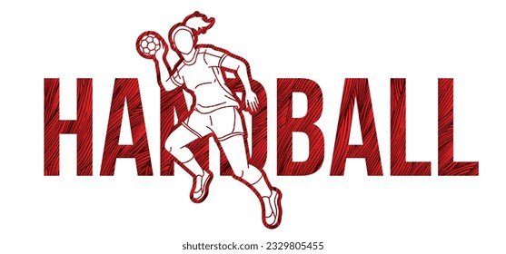 Handball Sport Woman Player Action mit Text Cartoon Grafik-Vektorgrafik