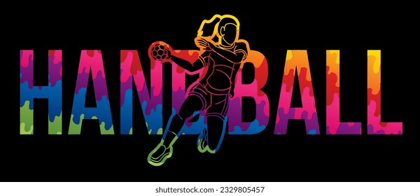 Handball Sport Woman Player Action mit Text Cartoon Grafik-Vektorgrafik