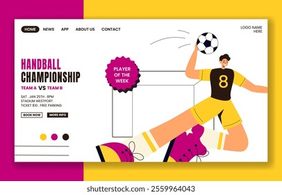 Handball Sports Flat Cartoon Hand-Drawn Social Media Landing Page Template 