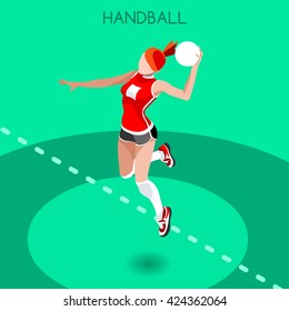 Handball Sportswoman Games Icon Set. 3D Isometric Athlete. Sporting Championship People Set Handball Match Competition. Sport Infographic events Handball Vector Illustration.