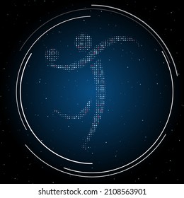 The handball symbol filled with white dots. Pointillism style. Some dots is red. Vector illustration on blue background with stars