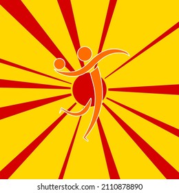 Handball symbol on a background of red flash explosion radial lines. The large orange symbol is located in the center of the sun, symbolizing the sunrise. Vector illustration on yellow background