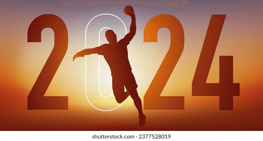 Handball-thematisches Sportkonzept für eine Grußkarte 2024, die einen Handballspieler zeigt, der beim Tor springen kann.