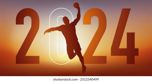 Handball themed sport concept for a 2025 greeting card, showing a handball player leaping to score on goal.