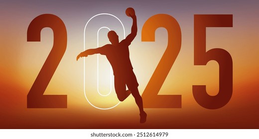 Handball themed sport concept for a 2025 greeting card, showing a handball player leaping to score on goal.