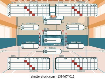 handball tournament table.handball gym with markings.tournament table for 16 teams.hall for ball games with hansalinie gate.championship gambolo.vector image