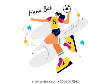 Ilustração de vetor de handebol de um jogador tocando a bola e marcando um gol durante uma competição esportiva em um plano de fundo de desenhos animados estilo