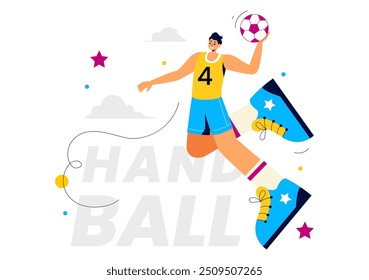 Handball Vector Illustration of a Player Touching the Ball and Scoring a Goal During a Sports Competition in a Flat Style Cartoon Background